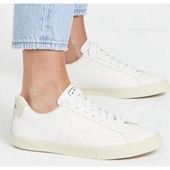 Veja Esplar Sneaker Leather V Logo Lace-Up Low Top Athletic Shoes, White - Picture 11 of 11
